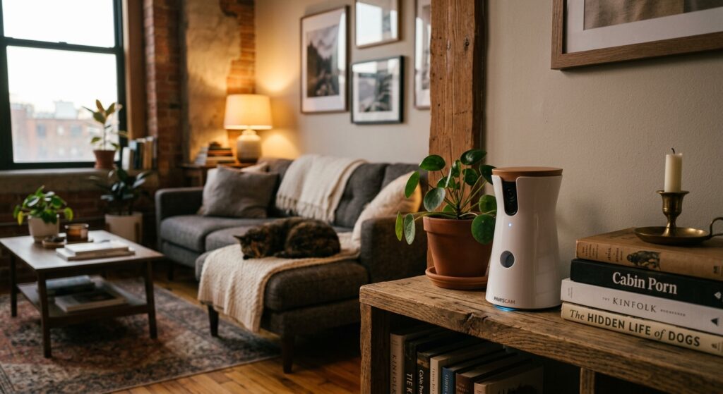 A high-quality, editorial-style photograph of a cozy living room with a sleek, modern pet camera on