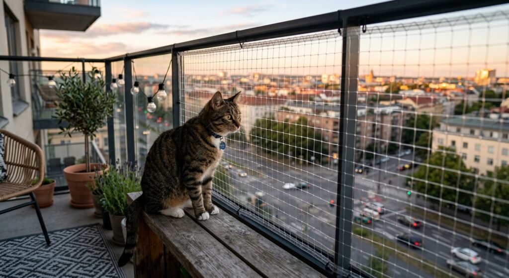 A high-quality, editorial-style photograph of a curious cat looking safely through a sturdy, transpa