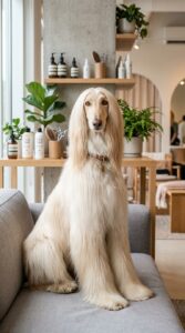 A professional, high-resolution editorial portrait of a well-groomed long-haired dog sitting elegant