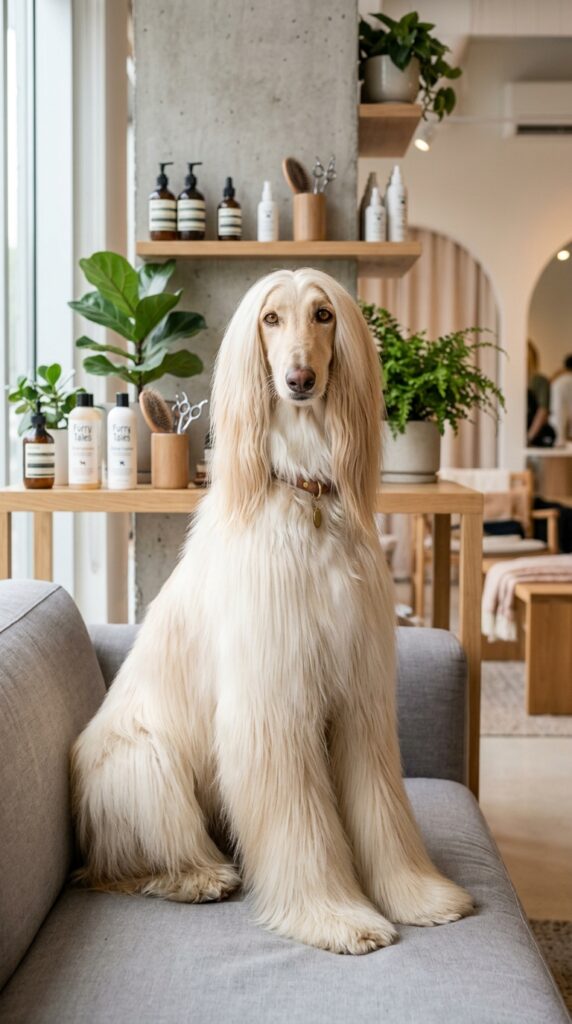 A professional, high-resolution editorial portrait of a well-groomed long-haired dog sitting elegant