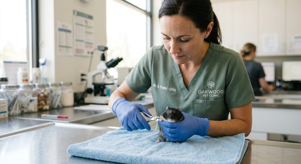 A high-quality, editorial-style close-up photograph of a professional veterinarian gently grooming t