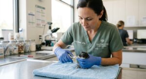 A high-quality, editorial-style close-up photograph of a professional veterinarian gently grooming t
