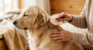 A professional, editorial-style close-up photo of a well-groomed dog being gently brushed by a perso