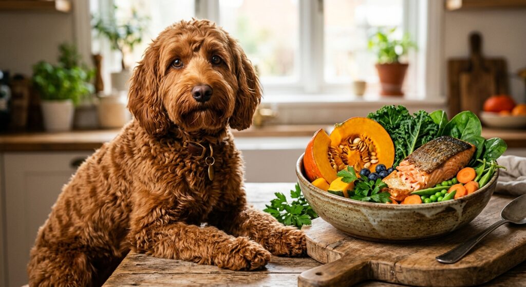 A professional, editorial-style close-up of a healthy, glossy-coated dog sitting next to a rustic bo