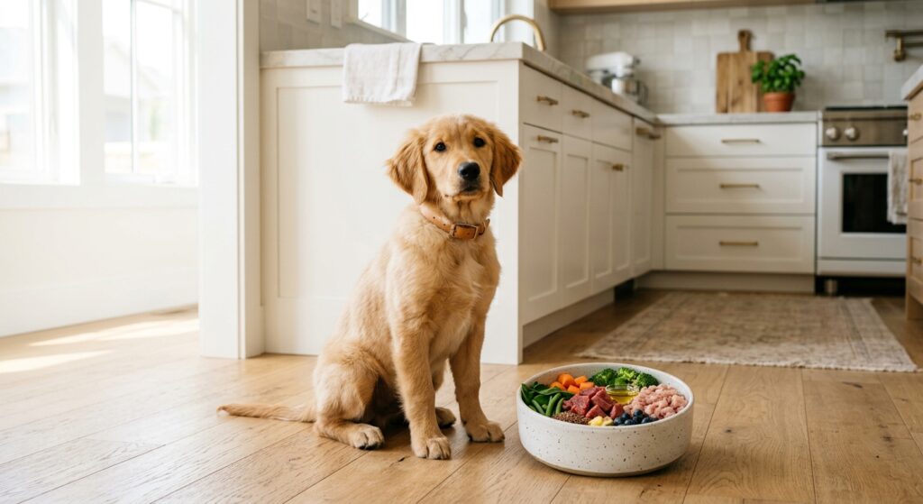 A high-quality, editorial-style photograph of a healthy, curious puppy sitting next to a clean ceram