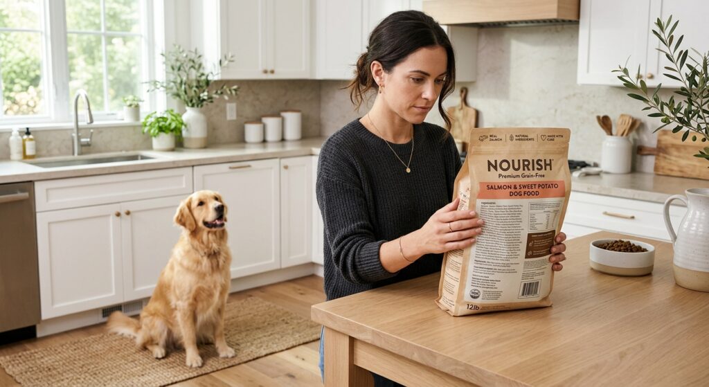 A high-quality, professional editorial photograph of a person carefully inspecting the ingredient la