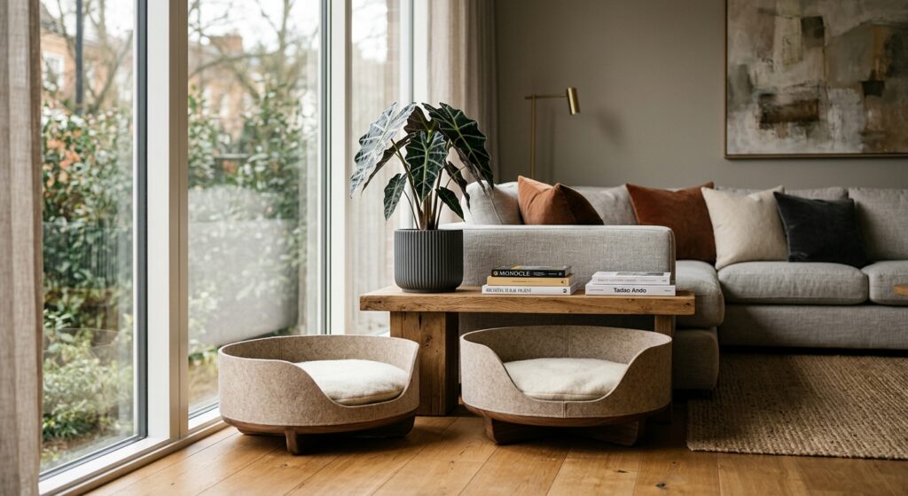 A high-end editorial photograph of a stylish, modern living room interior featuring a decorative tox