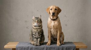 A high-quality editorial studio portrait of a dog and a cat sitting side by side, looking intelligen