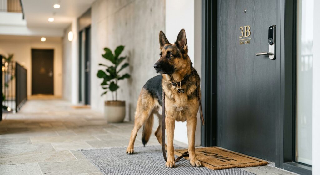 A professional editorial shot of a vigilant dog standing alert near a modern apartment door, capture