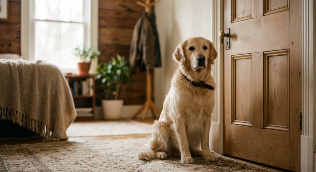 A high-quality, editorial studio photograph of a calm dog sitting patiently by an interior door, fea