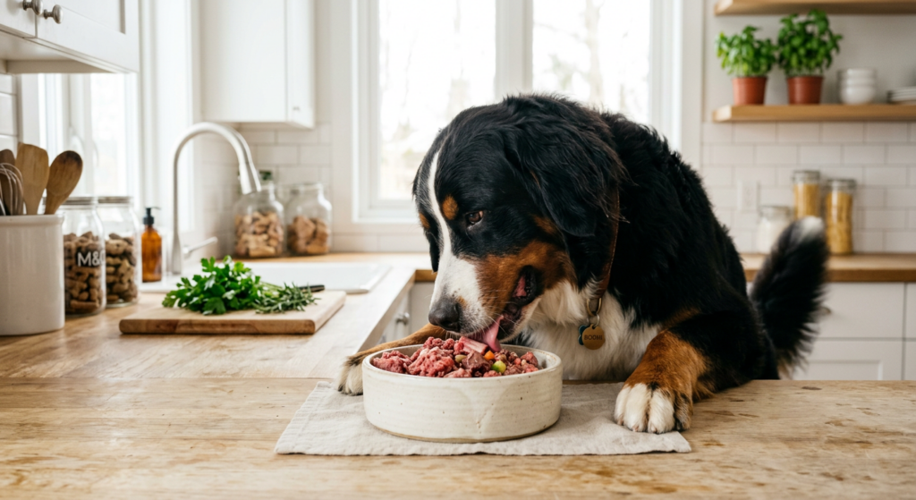 A high-quality, editorial-style photograph of a healthy dog eating a portion of fresh raw meat from