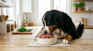 A high-quality, editorial-style photograph of a healthy dog eating a portion of fresh raw meat from