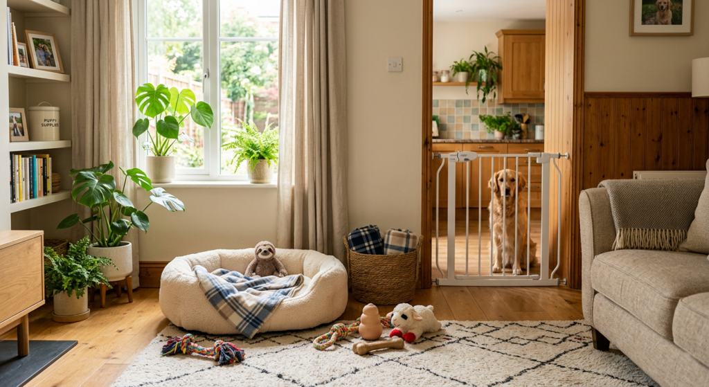 A cozy, warm, and professional interior shot of a sunlit living room featuring a comfortable puppy b