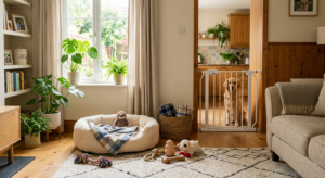 A cozy, warm, and professional interior shot of a sunlit living room featuring a comfortable puppy b
