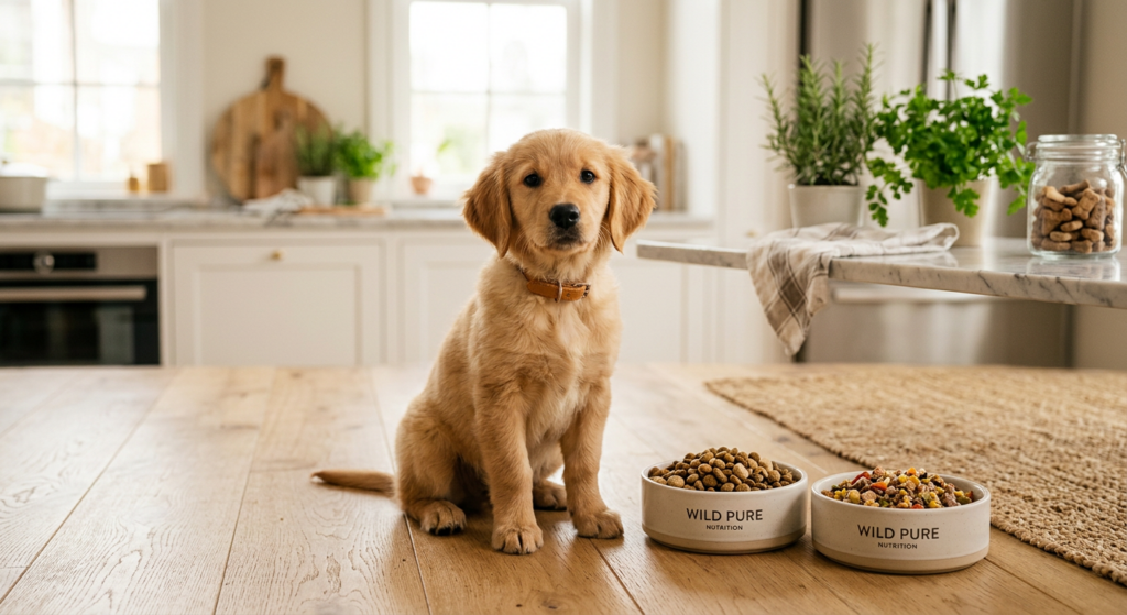 A high-quality, editorial-style studio portrait of an adorable puppy sitting next to a bowls of prem