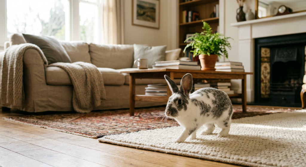 A professional, editorial-style photograph of a curious domestic rabbit exploring a cozy, sunlit liv