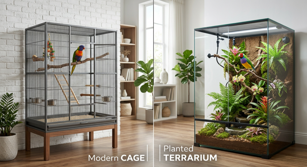 A professional editorial-style side-by-side comparison of a modern, spacious bird cage and a sleek,
