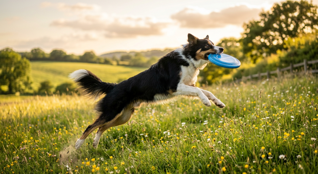 A high-quality, editorial portrait of an athletic Border Collie in mid-air catching a frisbee in a l