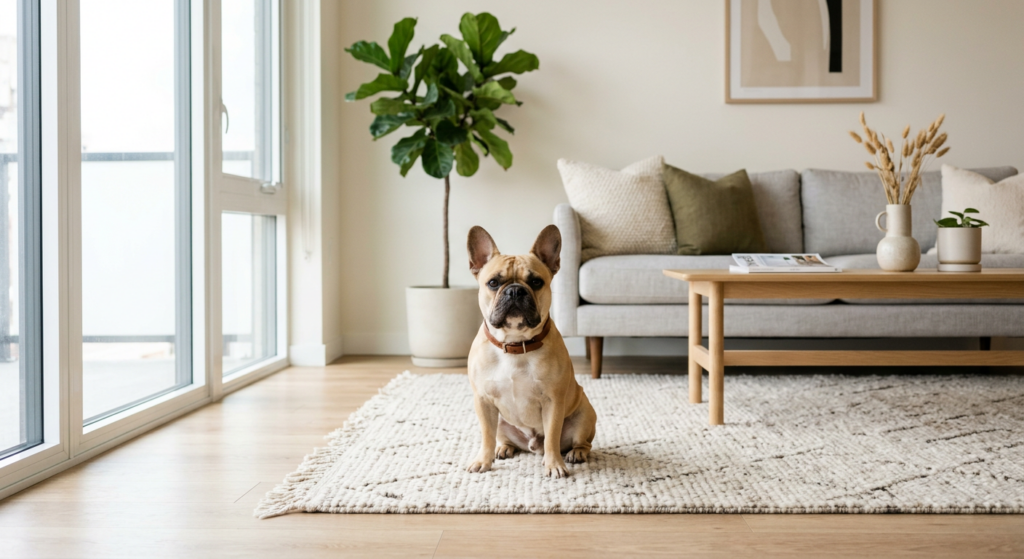 A high-quality, editorial professional photograph of a calm French Bulldog sitting comfortably on a