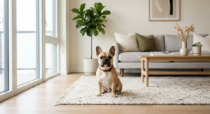 A high-quality, editorial professional photograph of a calm French Bulldog sitting comfortably on a