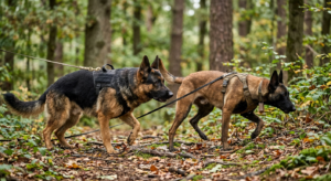A high-quality, professional editorial shot of a German Shepherd and a Belgian Malinois side-by-side