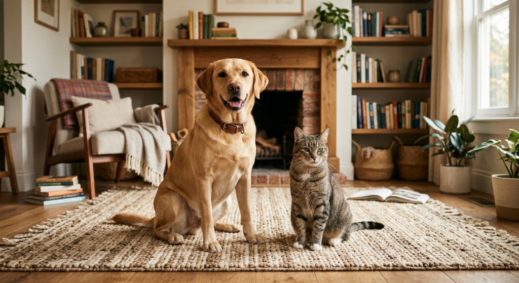 A warm, editorial-style photograph of a friendly dog and a calm cat sitting side-by-side in a cozy,