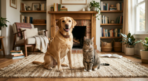 A warm, editorial-style photograph of a friendly dog and a calm cat sitting side-by-side in a cozy,