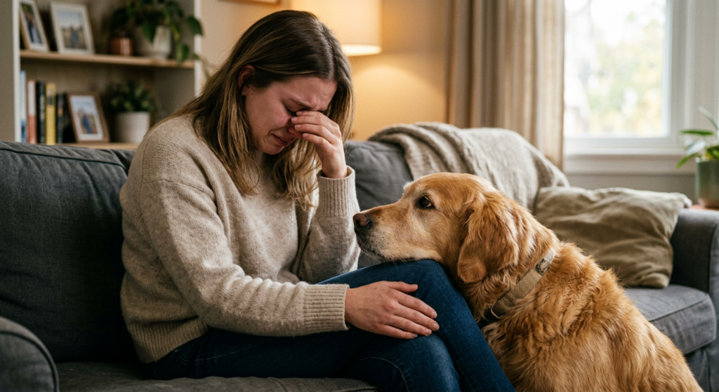 A high-quality, editorial-style photograph of a golden retriever resting its head empathetically on