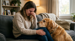 A high-quality, editorial-style photograph of a golden retriever resting its head empathetically on