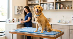 A high-quality, professional editorial photograph of a healthy, happy dog sitting in a clean, bright
