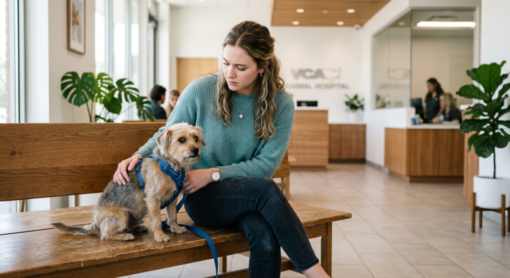 A high-quality, editorial-style photograph of a concerned person gently sitting next to an adorable