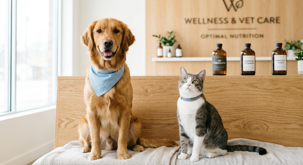 A professional, editorial-style close-up photo of a healthy dog and cat sitting side-by-side in a mi