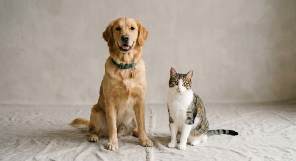 A professional, clean editorial studio shot of a healthy dog and cat sitting side-by-side on a soft