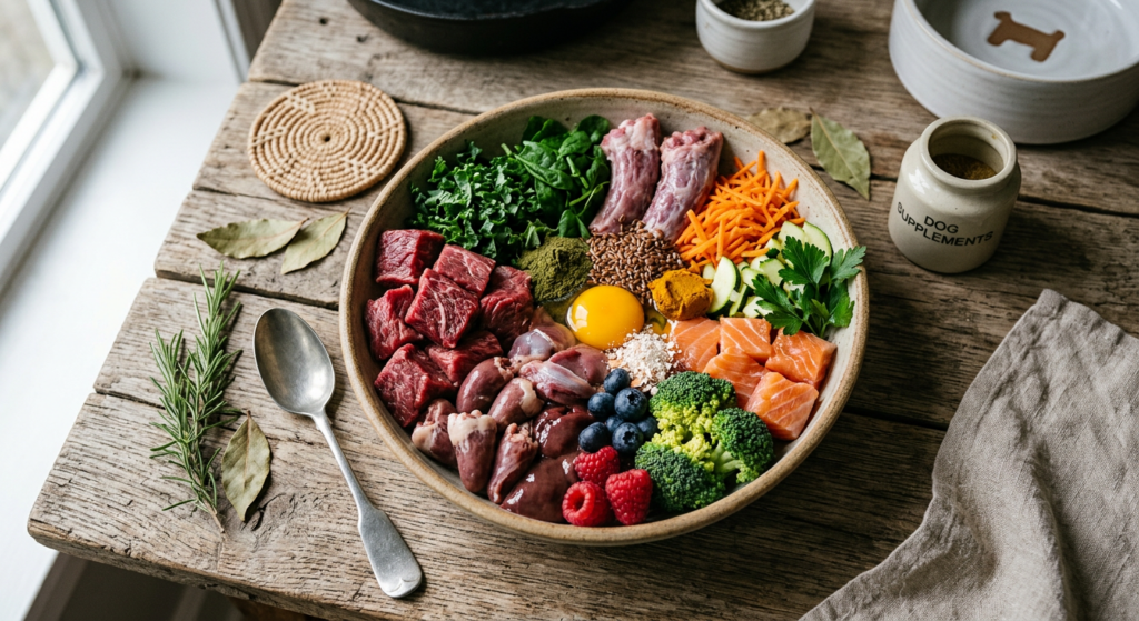 A professional, high-angle editorial photograph of a bowl filled with high-quality raw meat, fresh v