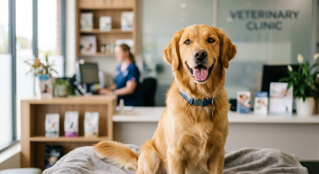 A close-up, professional studio portrait of a healthy, happy dog looking at the camera with a blurre