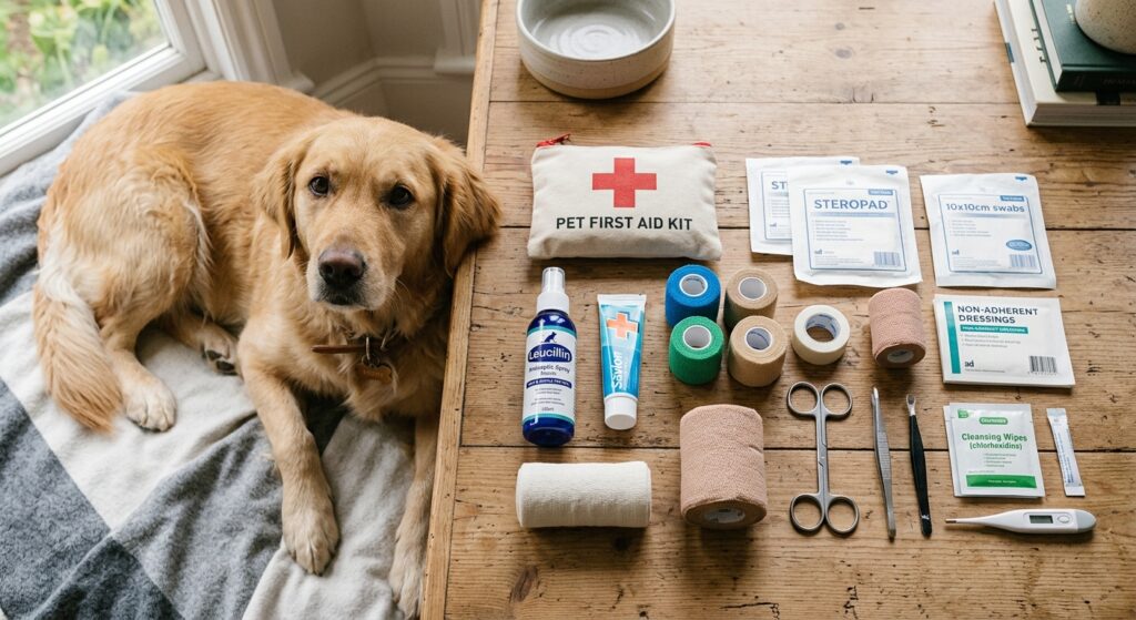 A professional, high-angle editorial photograph of essential pet first-aid supplies, including steri