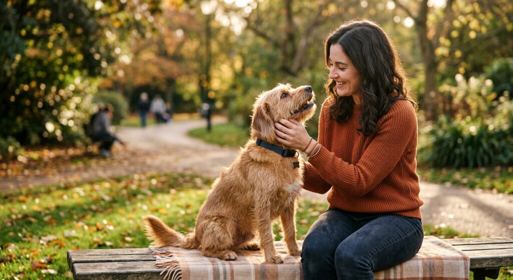 A high-quality, heartwarming editorial photograph of a happy, well-groomed mixed-breed dog looking a